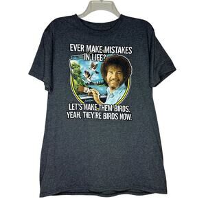 Bob Ross Tee T-Shirt Size Large Mens Printed Grey Short Sleeve Birds